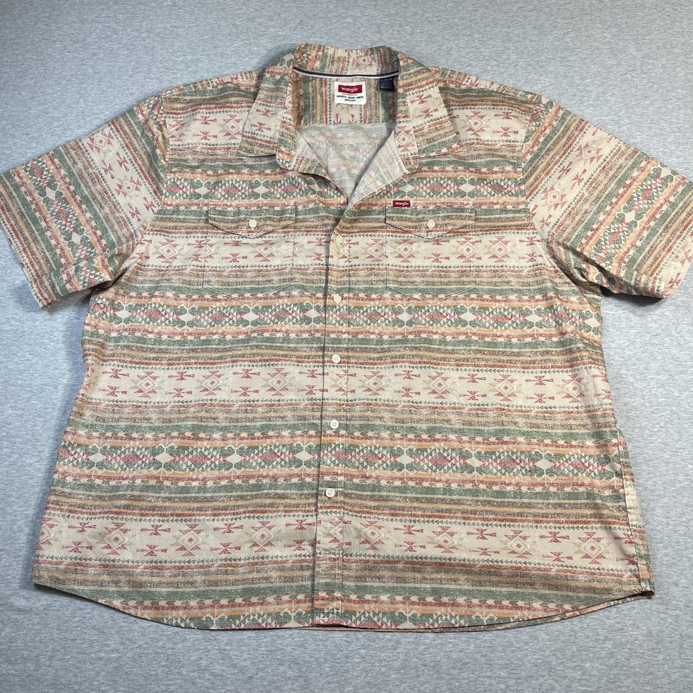 Wrangler Men 3XL Western Shirt Aztec Southwestern Tribal Green Orange Cotton S/S